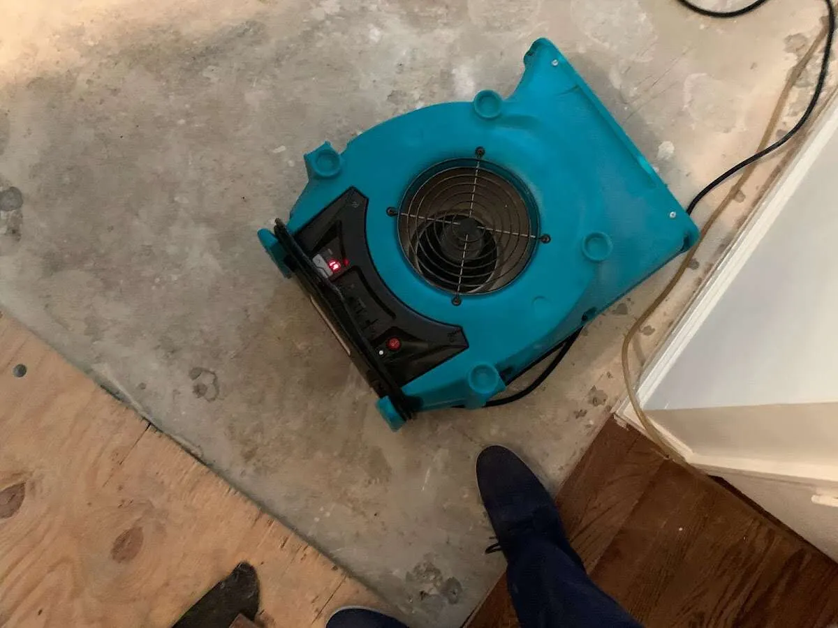 Air mover drying subfloor during Leak Detection & Repair in Kennett